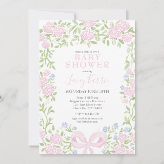 Roze bloemige babyshower uitnodiging,  kaart (Voorkant)