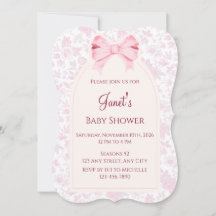 Roze bloemige babyshower uitnodiging met strik