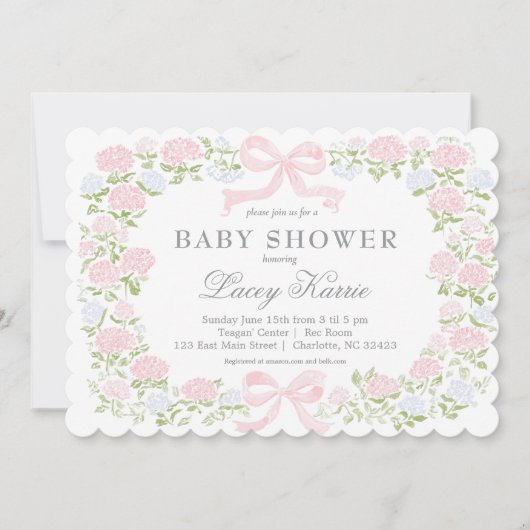 Roze bloemige babyshower uitnodiging, uitnodiging (Voorkant)