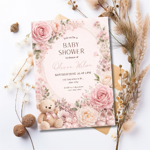 Roze bloemige babyshower uitnodiging voor meisje