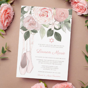 Roze Bloemige Ballet Bat Mitzvah Kaart