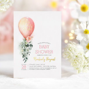 Roze bloemige ballon Het is een meisje baby shower Folie Uitnodiging