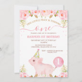 Roze bloemige ballon This Little Piggy 1e verjaard Kaart (Voorkant)