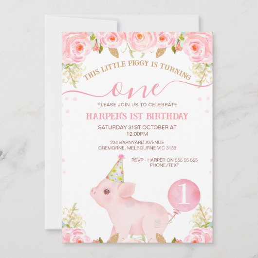 Roze bloemige ballon This Little Piggy 1e verjaard Kaart (Voorkant)