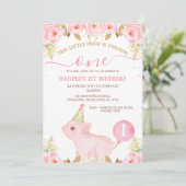Roze bloemige ballon This Little Piggy 1e verjaard Kaart (Staand voorkant)