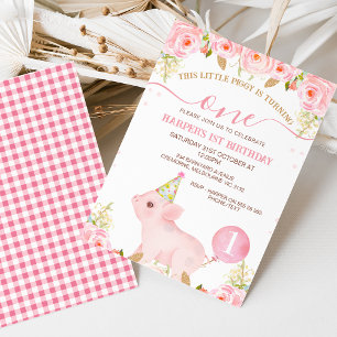 Roze bloemige ballon This Little Piggy 1e verjaard Kaart