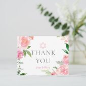 Roze bloemige Bat Mitzvah-feest dankjewel voor Joo Briefkaart (Staand voorkant)