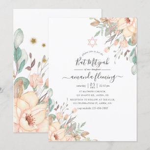 Roze Bloemige Bat Mitzvah Kaart