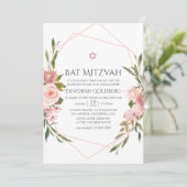 Roze bloemige Bat Mitzvah uitnodiging (Staand voorkant)
