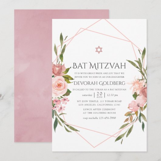 Roze bloemige Bat Mitzvah uitnodiging (Voorkant / Achterkant)