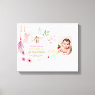 Roze bloemige BAUTIZO Bijbeltekst foto meisje Canvas Afdruk