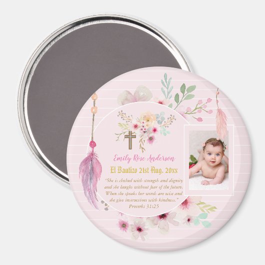 Roze bloemige BAUTIZO Bijbeltekst voor Doop foto M Magneet (Voorkant / Achterkant)