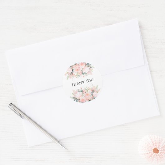 Roze bloemige bedankstickers ronde sticker (Envelop)