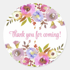 Roze bloemige bedankt voor het komen ronde sticker