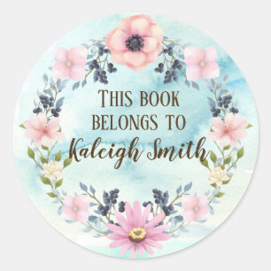 Roze Bloemige Blauwe Bes Krans Waterverf Naam Ronde Sticker
