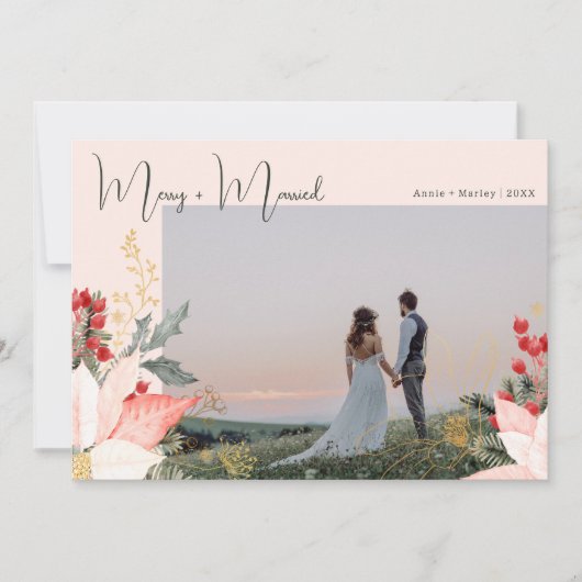 Roze Bloemige Blij en Getrouwd Vier Foto Kerstmis Feestdagenkaart (Voorkant)