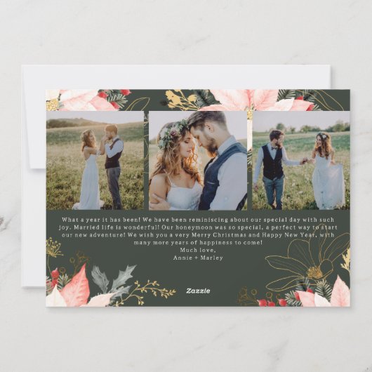 Roze Bloemige Blij en Getrouwd Vier Foto Kerstmis Feestdagenkaart (Achterkant)