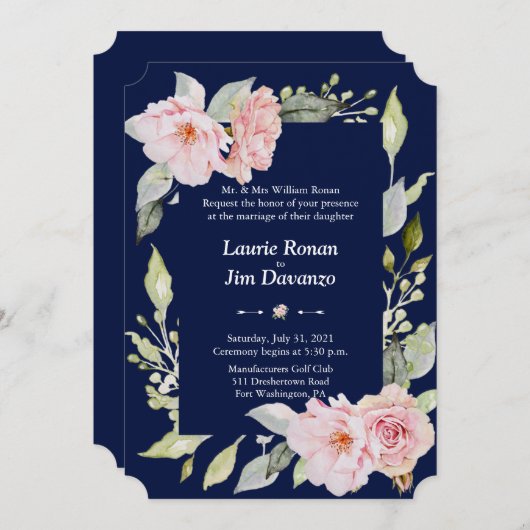 Roze bloemige bloei Navyblauw Trouw Formal Kaart (Voorkant / Achterkant)