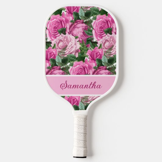 Roze Bloemige Bloemen Rozen Naam Script Pickleball Paddle (Achterkant)