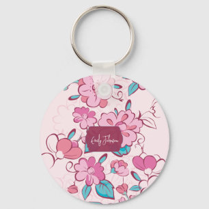 Roze Bloemige Bloesem Script Naam Papieren Onderze Sleutelhanger
