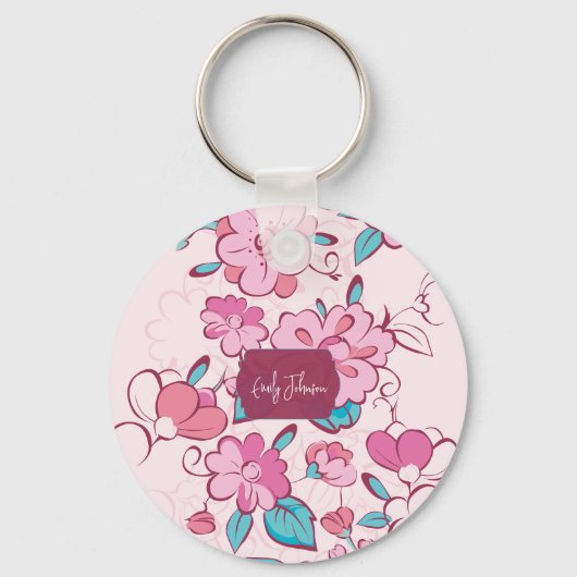 Roze Bloemige Bloesem Script Naam Papieren Onderze Sleutelhanger (Voorkant)