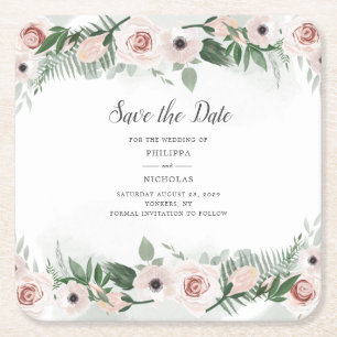 Roze bloemige blos trendy waterverf save the date kartonnen onderzetters