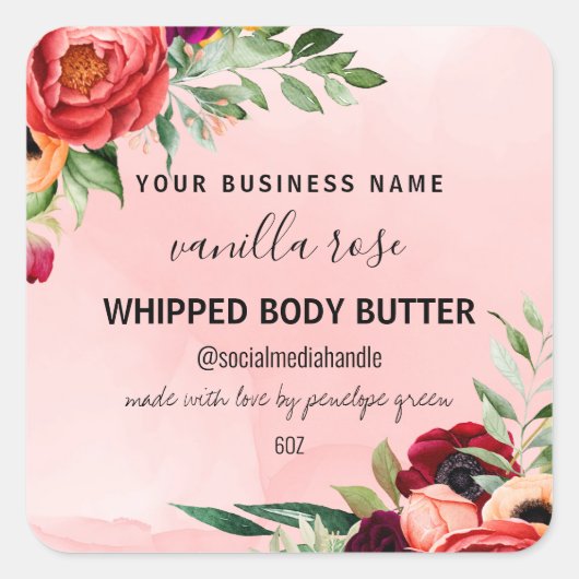 roze bloemige body boterlabels vierkante sticker (Voorkant)