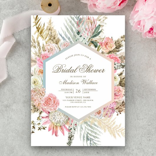 Roze Bloemige Boho Pampas Bruiloft Feest Kaart