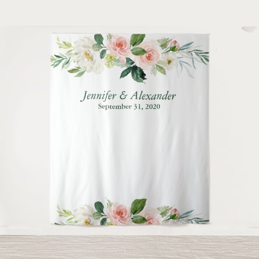 Roze Bloemige Boho Trouwfoto Booth Achtergrond Wandkleed (Voorkant)