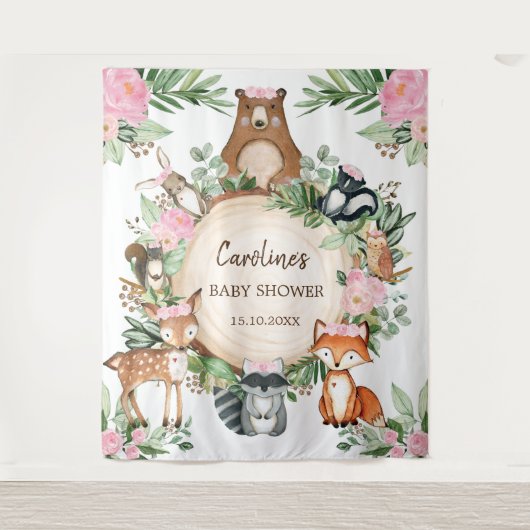 Roze Bloemige Bos Baby Shower Achtergrond Wandkleed (Voorkant)