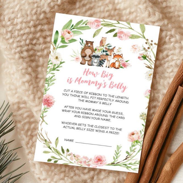 Roze Bloemige Bos Hoe Groot Is Mama's Buik Spel (Girl Woodland Animals Baby Shower How Big Is Mommy's Belly Game)