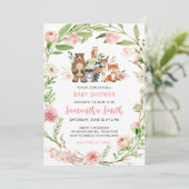 Roze bloemige bosbaby shower uitnodiging (Staand voorkant)