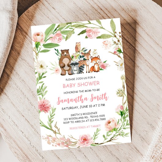 Roze bloemige bosbaby shower uitnodiging