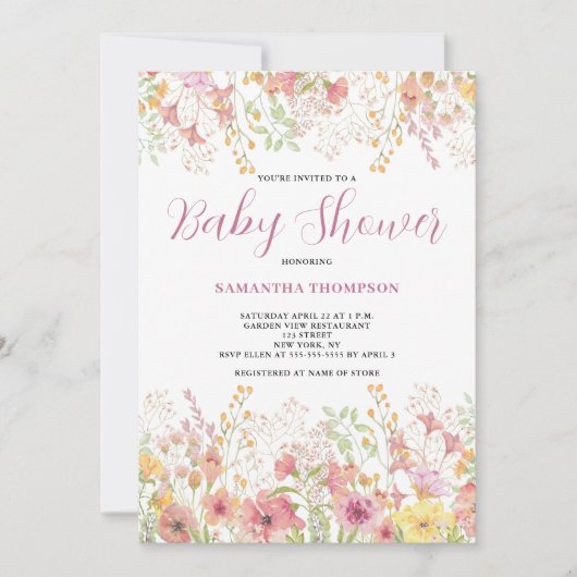 Roze bloemige botanische babyshower uitnodiging (Voorkant)