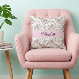 Roze Bloemige Botanische Wilde Bloem Monogram Naam Kussen