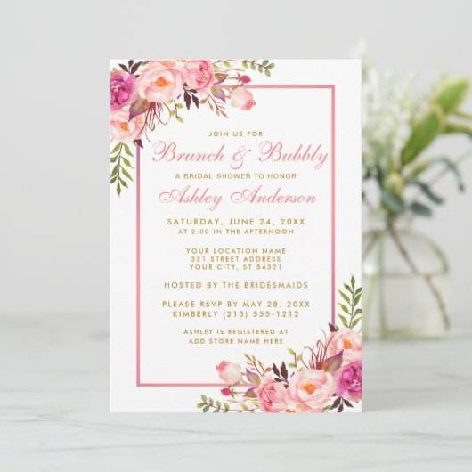 Roze Bloemige Bruids-Shower Brunch Gouden Uitnodig Kaart (Staand voorkant)