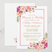 Roze Bloemige Bruids-Shower Brunch Gouden Uitnodig Kaart (Voorkant / Achterkant)