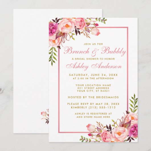 Roze Bloemige Bruids-Shower Brunch Gouden Uitnodig Kaart (Voorkant / Achterkant)