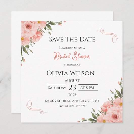 Roze bloemige bruidsbeurs 'Save The Date'-kaart Save The Date (Voorkant / Achterkant)