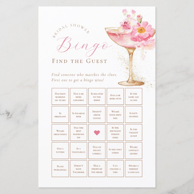 Roze bloemige bruidsbruiloft bingopapier vel (Voorkant)