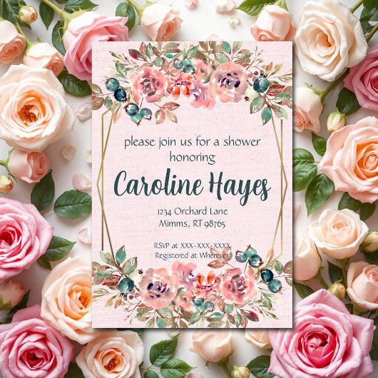 Roze Bloemige Bruidsdouche Kaart