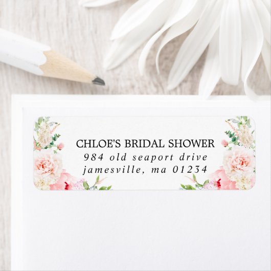 Roze bloemige bruidsdouche retouradres sticker (Insitu)