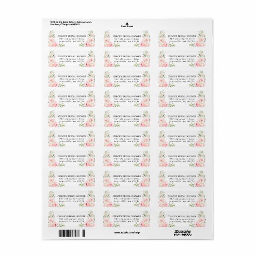 Roze bloemige bruidsdouche retouradres sticker (Full Sheet)