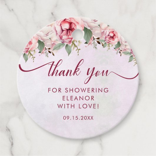 Roze bloemige bruidsfeest bedankjes labels (Voorkant)