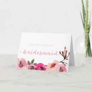 Roze bloemige bruidsmeisje dank je wel trouwkaart bedankkaart