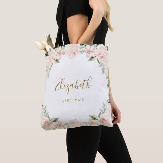 Roze Bloemige Bruidsmeisje Trouwjurk Tote Bag (Dichtbij)