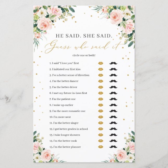 Roze bloemige bruidsspelletje hij zei zij zei (Voorkant)