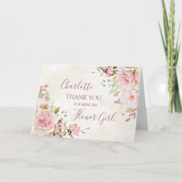 Roze bloemige bruiloft bloemenmeisje dank je wel bedankkaart