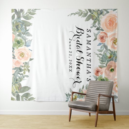 Roze Bloemige Bruiloft Feest Foto Booth Wandkleed (In Situ (horizontaal))