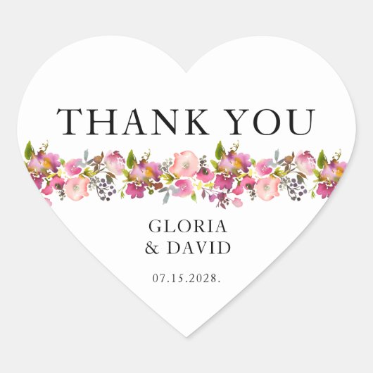 Roze Bloemige Bruiloft Hart Sticker (Voorkant)